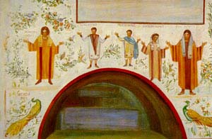 Christians worshiping, from the catacombs in Rome